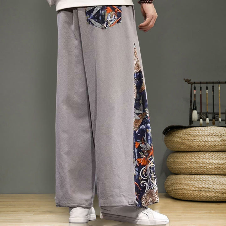 Buddha Stonesと鶴の刺繍入りドローストリングメンズコットンリネンワイドレッグパンツ（ポケット付き） - image 24
