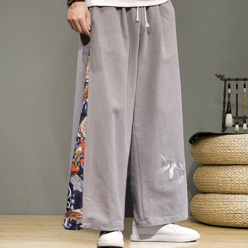 Buddha Stonesと鶴の刺繍入りドローストリングメンズコットンリネンワイドレッグパンツ（ポケット付き） - image 23