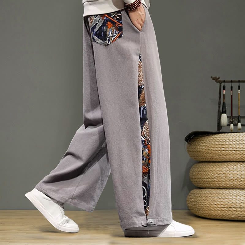Buddha Stonesと鶴の刺繍入りドローストリングメンズコットンリネンワイドレッグパンツ（ポケット付き） - image 27