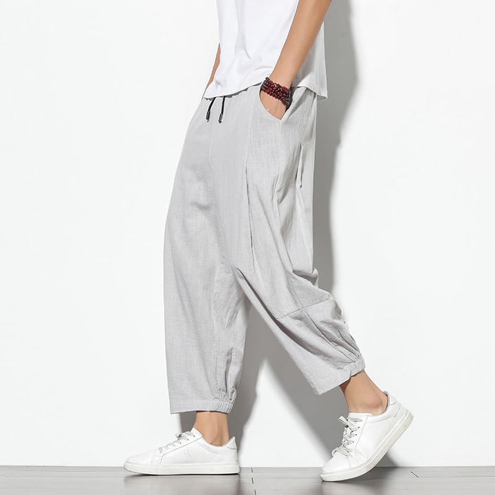 Buddha Stones夏 メンズ 7-8丈 コットンリネン キャロットパンツ ポケット付き - ライトグレー - US/UK/AU46、 EU56 (5XL) - image 4