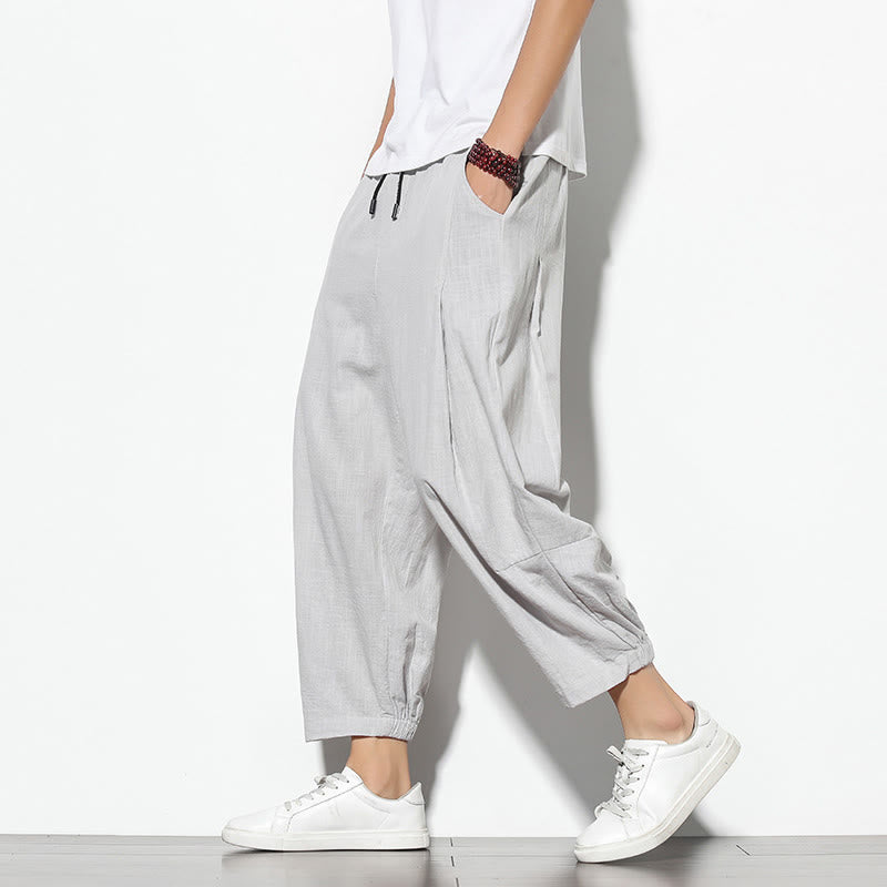 Buddha Stones夏 メンズ 7-8丈 コットンリネン キャロットパンツ ポケット付き - ライトグレー - US/UK/AU46、 EU56 (5XL) - image 3