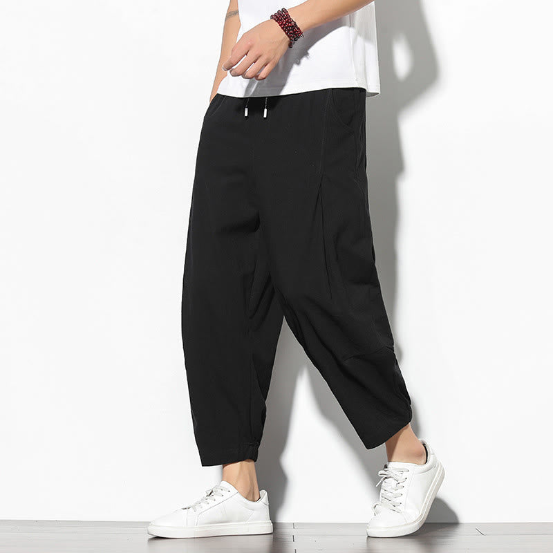 Buddha Stones夏 メンズ 7-8丈 コットンリネン キャロットパンツ ポケット付き - 黒 - US/UK/AU46、 EU56 (5XL) - image 14