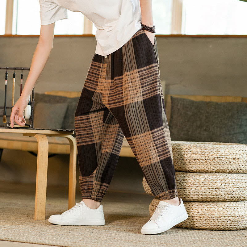 Buddha Stones夏 チェック柄 ストライプ コットンリネン メンズ ハーレムパンツ ポケット付き - タン - US/UK/AU46、 EU56 (5XL) - image 1