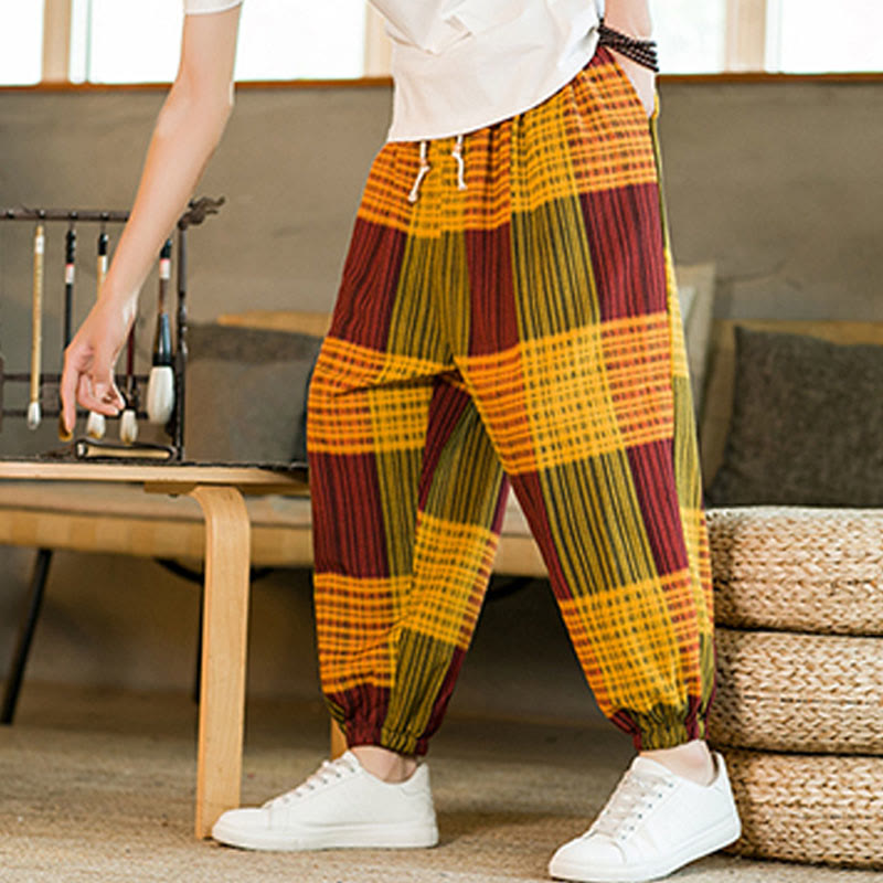 Buddha Stones夏 チェック柄 ストライプ コットンリネン メンズ ハーレムパンツ ポケット付き - image 22