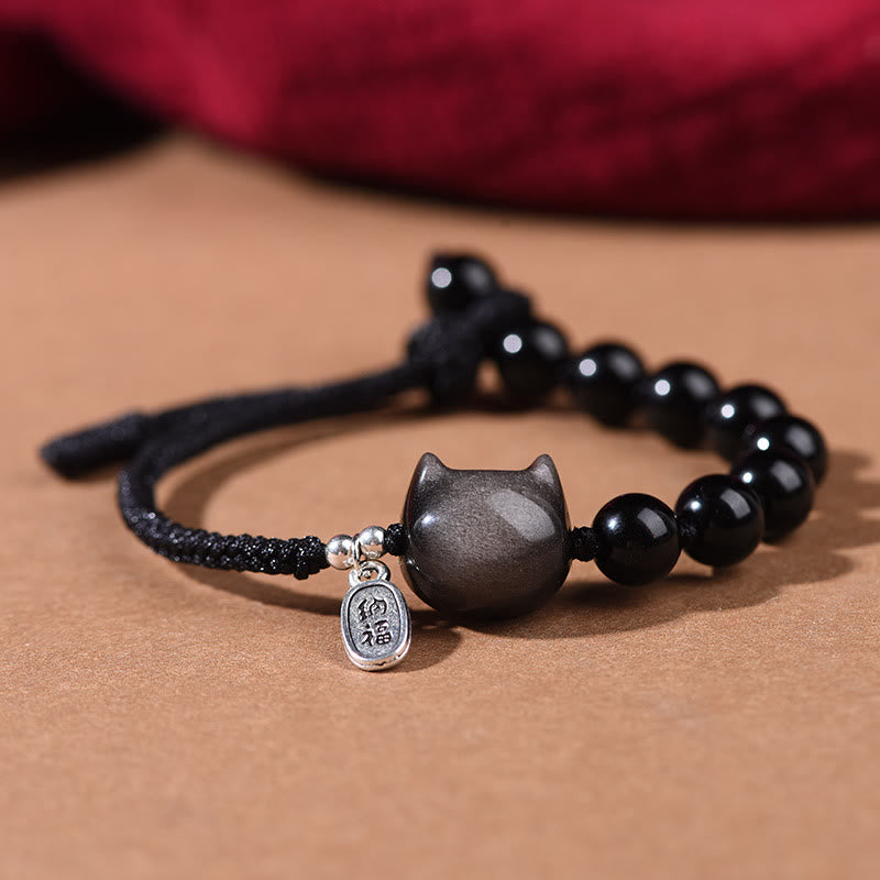 Buddha Stonesブラックオブシディアン シルバーシーンオブシディアン キュートキャットダンシングライオン強さブレスレット - 猫（手首周り14～16cm） - image 1