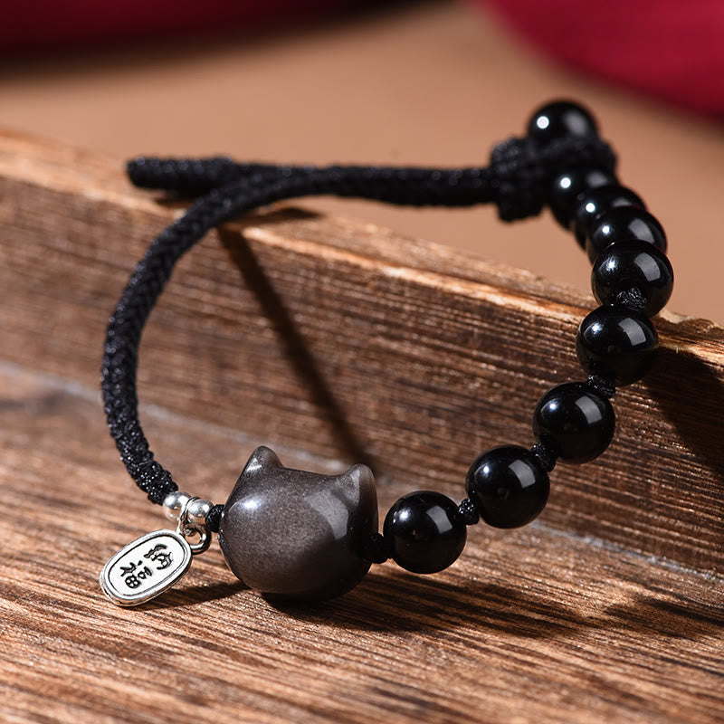 Buddha Stonesブラックオブシディアン シルバーシーンオブシディアン キュートキャットダンシングライオン強さブレスレット - image 2