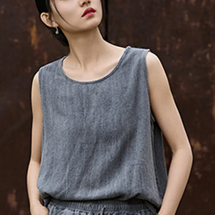 Buddha Stonesサマータイダイリネンクルーネックノースリーブレディースベスト - image 13