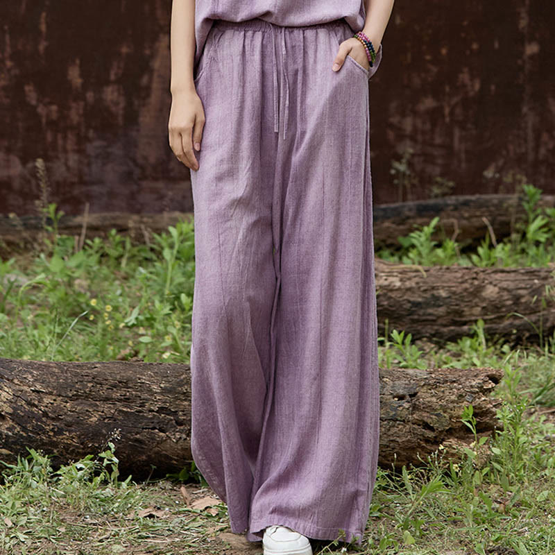 Buddha Stonesカジュアル タイダイ レディース リネン ワイドレッグ パンツ ポケット付き - 梅 - US4、 UK/AU8、EU36（女性） - image 1
