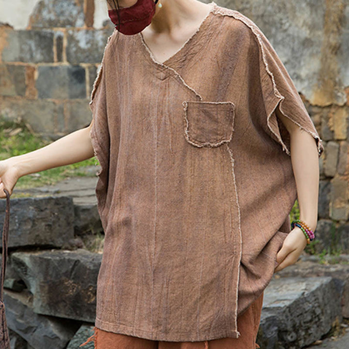 Buddha StonesサマータイダイリネンVネック半袖レディースTシャツ - image 14