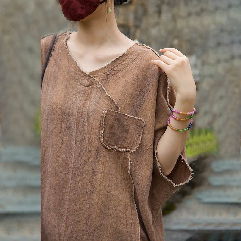 Buddha StonesサマータイダイリネンVネック半袖レディースTシャツ - image 22