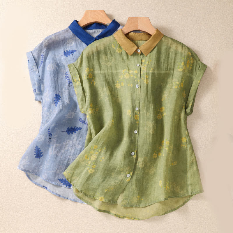 Buddha Stonesと小さな黄色い花と葉のボタンが付いた半袖レディースシャツ - image 1