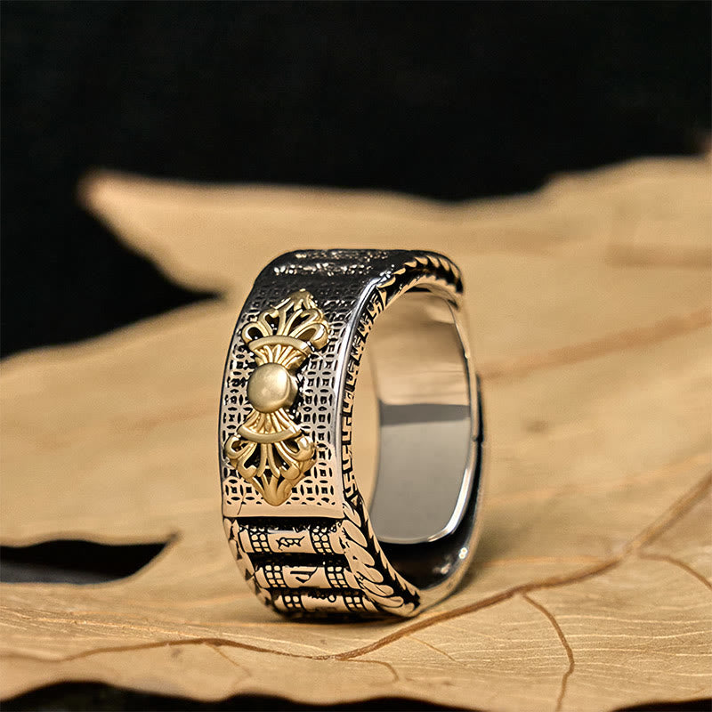 Buddha Stones ヴィンテージの祈祷ホイール、オーム・マニ・パドメ・フム銅製調節可能な富の指輪 - 銅（富♥幸運） - image 0