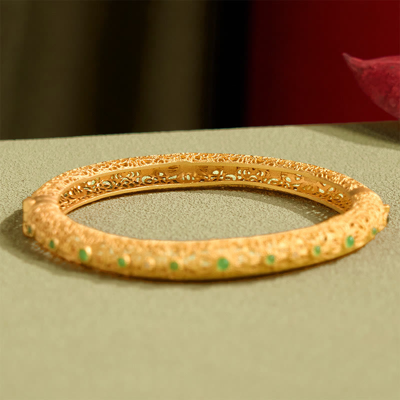 Buddha Stones 中空フィリグリーデザイン銅メッキゴールド開運財運ブレスレットバングル - image 3