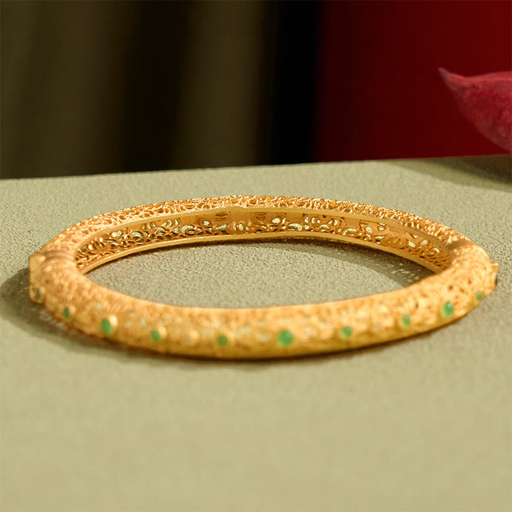 Buddha Stones 中空フィリグリーデザイン銅メッキゴールド開運財運ブレスレットバングル - image 3