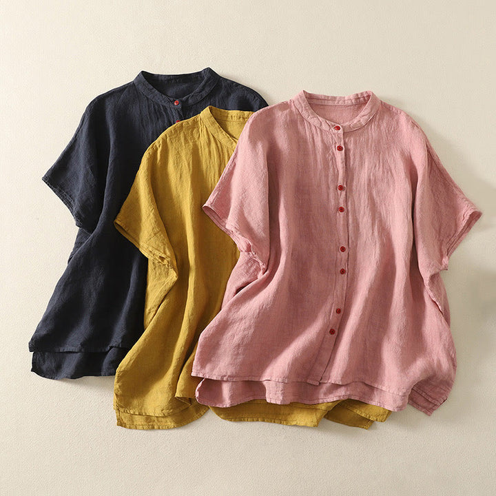 Buddha Stones夏 無地 レッドボタン 半袖 レディース コットンリネンシャツ - image 20