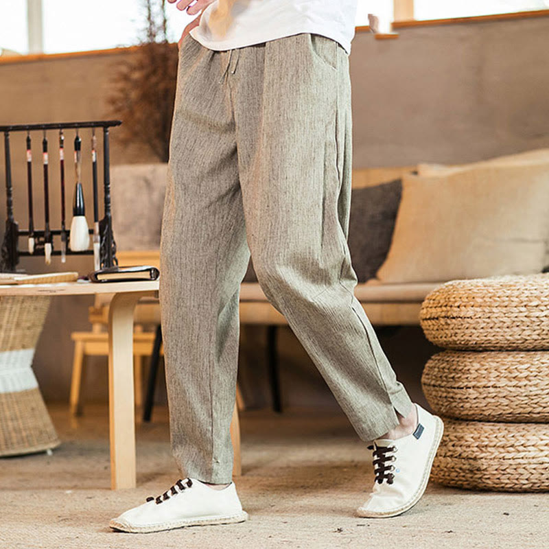 Buddha Stones無地 リネン ドローストリング テーパード メンズ パンツ ポケット付き - タン - US/UK/AU46、 EU56 (5XL) - image 1