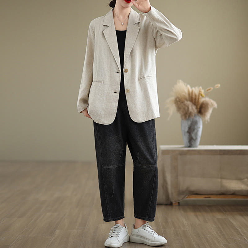 Buddha Stones春 無地 長袖 コットンリネン レディース ジャケット ポケット付き - image 3