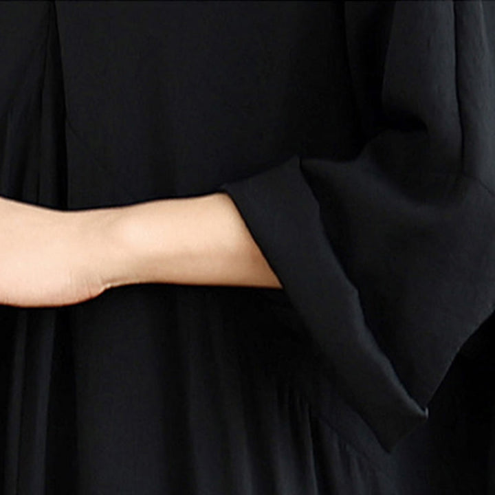 Buddha Stones秋 ピュアカラー Vネック ロングスリーブ コットン ミディドレス - image 6