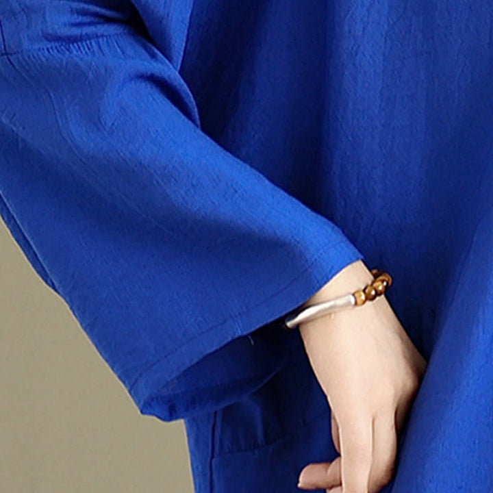 Buddha Stones秋 ピュアカラー Vネック ロングスリーブ コットン ミディドレス - image 20