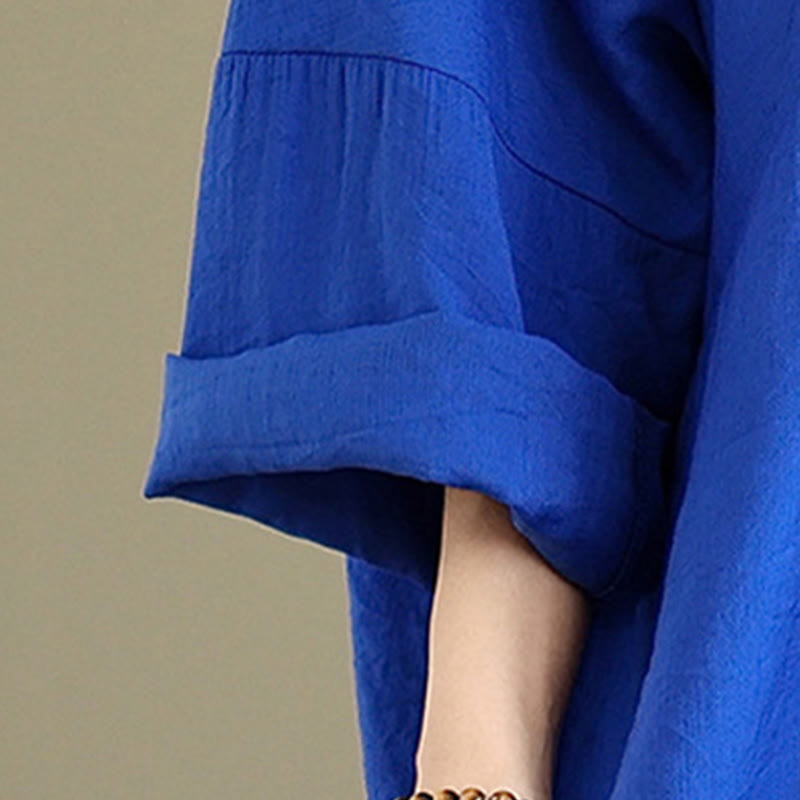 Buddha Stones秋 ピュアカラー Vネック ロングスリーブ コットン ミディドレス - image 19