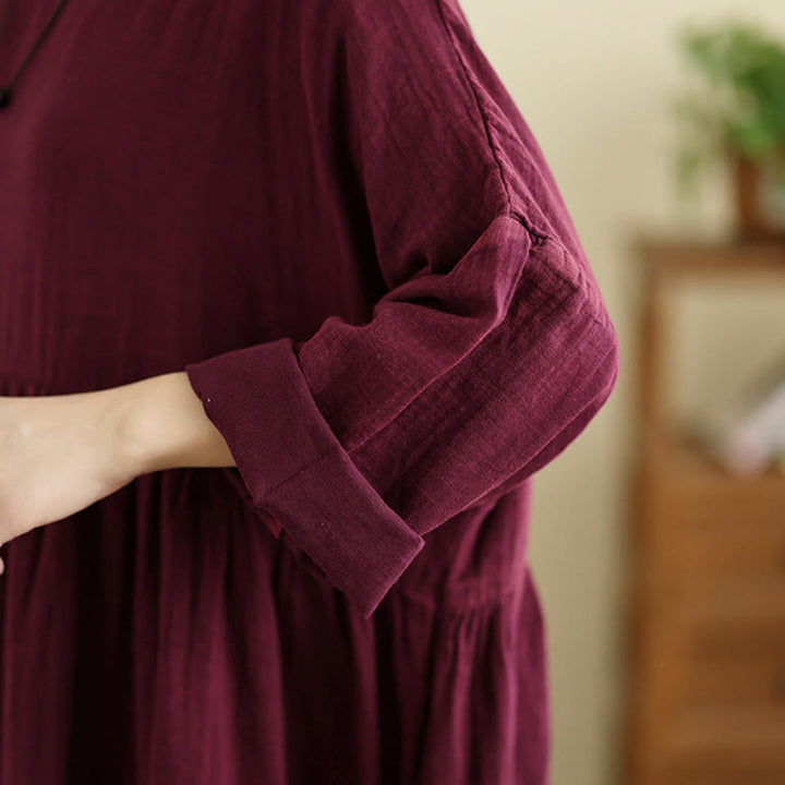 Buddha Stones通勤用ピュアカラー長袖コットンリネンミディドレス（ポケット付き） - image 10