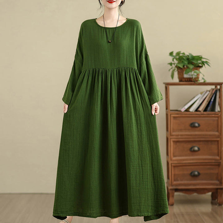 Buddha Stones通勤用ピュアカラー長袖コットンリネンミディドレス（ポケット付き） - フォレストグリーン - US4-12、 UK/AU8-18、EU36-46(F) - image 12
