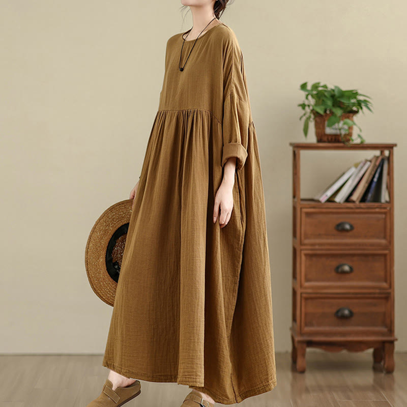 Buddha Stones通勤用ピュアカラー長袖コットンリネンミディドレス（ポケット付き） - image 7