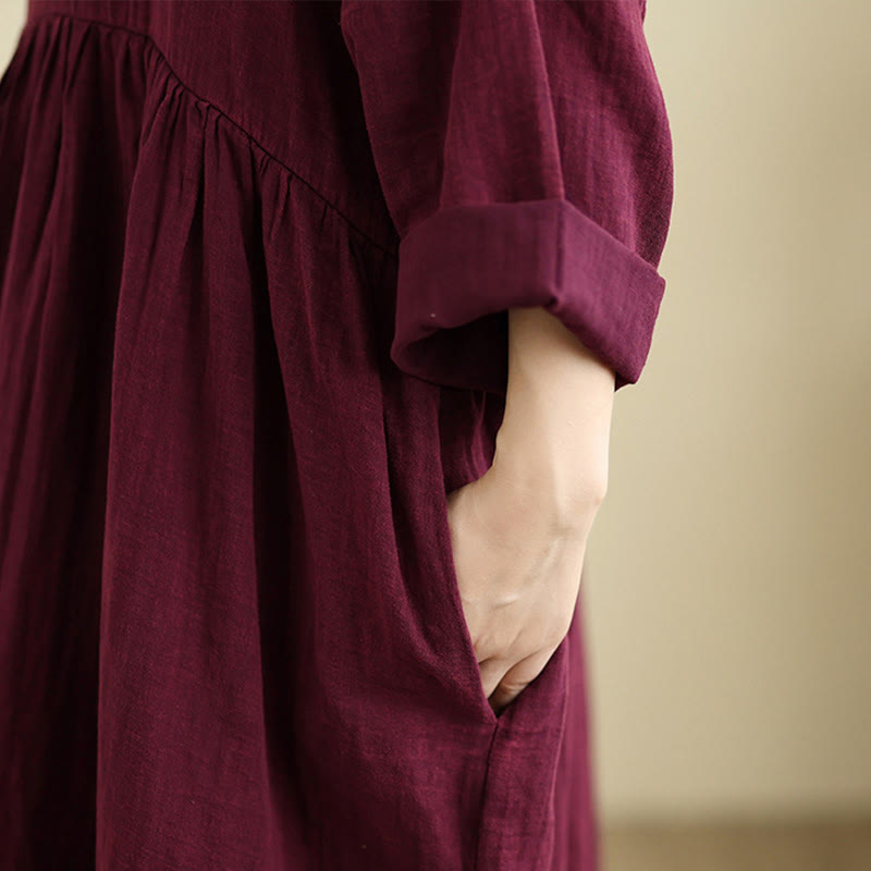 Buddha Stones通勤用ピュアカラー長袖コットンリネンミディドレス（ポケット付き） - image 11