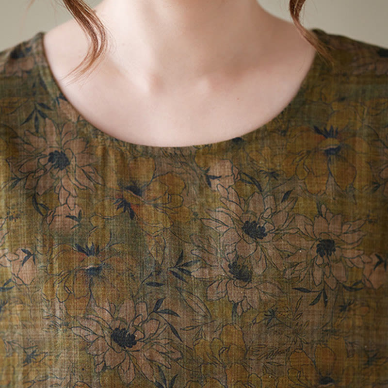 Buddha Stonesオリーブプリント フラワー ロングスリーブ コットンリネン マキシドレス ポケット付き - image 7