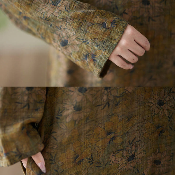 Buddha Stonesオリーブプリント フラワー ロングスリーブ コットンリネン マキシドレス ポケット付き - image 11