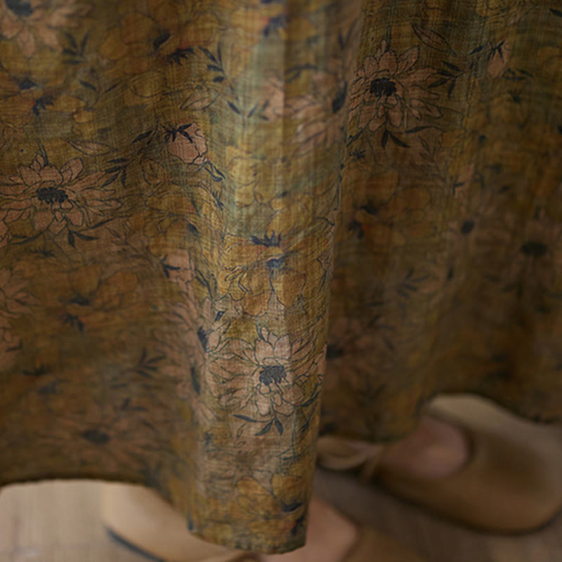 Buddha Stonesオリーブプリント フラワー ロングスリーブ コットンリネン マキシドレス ポケット付き - image 10