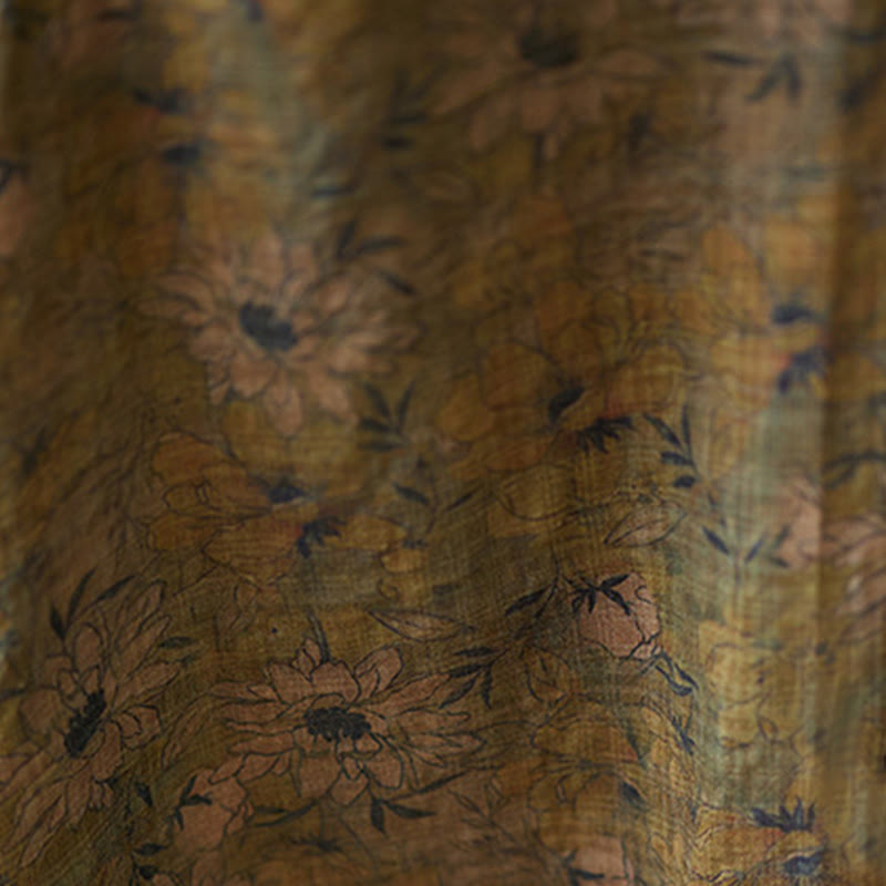 Buddha Stonesオリーブプリント フラワー ロングスリーブ コットンリネン マキシドレス ポケット付き - image 9