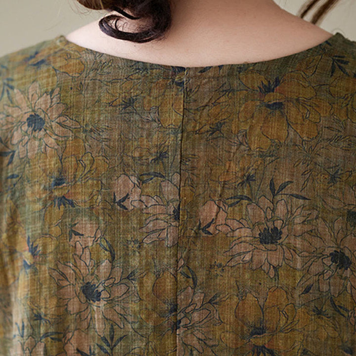 Buddha Stonesオリーブプリント フラワー ロングスリーブ コットンリネン マキシドレス ポケット付き - image 8