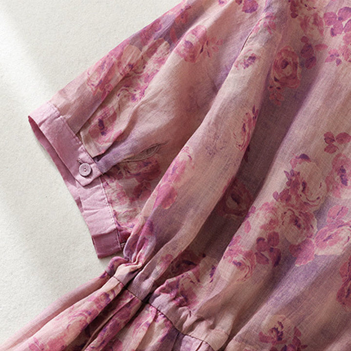 Buddha Stonesプリントボタンドローストリングハイウエスト半袖コットンミディドレス（ポケット付き） - image 25