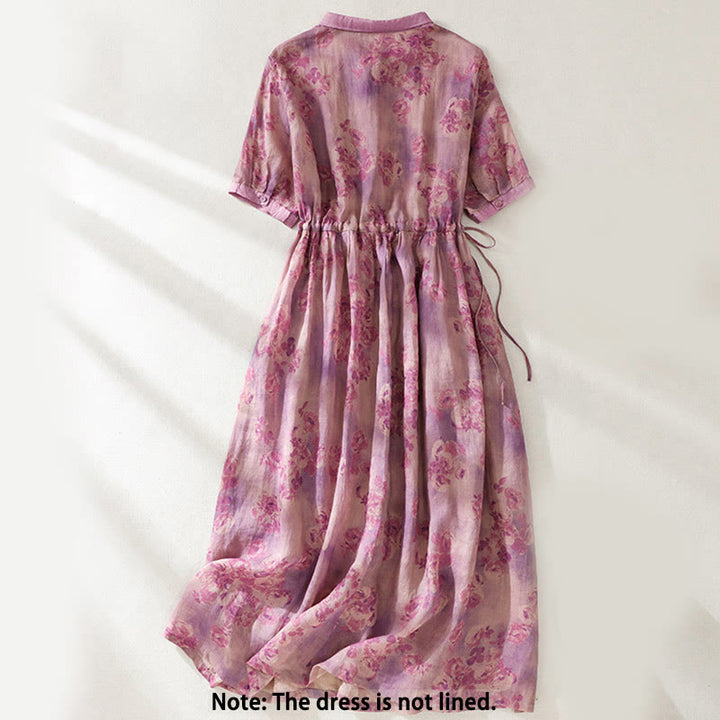 Buddha Stonesプリントボタンドローストリングハイウエスト半袖コットンミディドレス（ポケット付き） - image 21