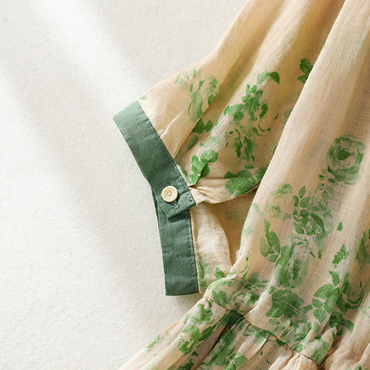 Buddha Stonesプリントボタンドローストリングハイウエスト半袖コットンミディドレス（ポケット付き） - image 12