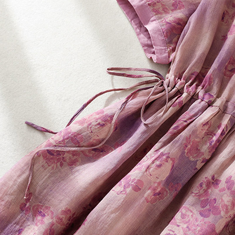 Buddha Stonesプリントボタンドローストリングハイウエスト半袖コットンミディドレス（ポケット付き） - image 26