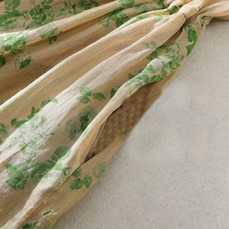 Buddha Stonesプリントボタンドローストリングハイウエスト半袖コットンミディドレス（ポケット付き） - image 16