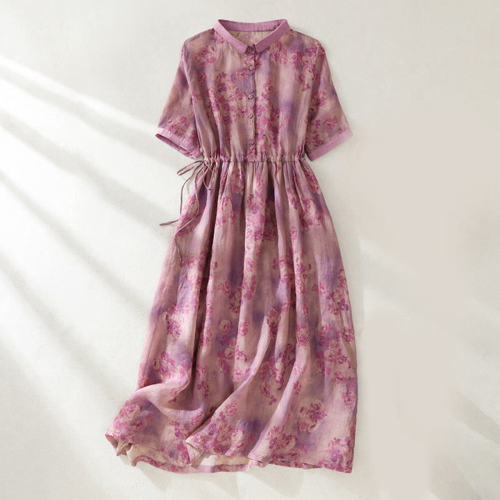 Buddha Stonesプリントボタンドローストリングハイウエスト半袖コットンミディドレス（ポケット付き） - ペールバイオレットレッド - US8-10，UK/AU12-14，EU40-42 (2XL) - image 20