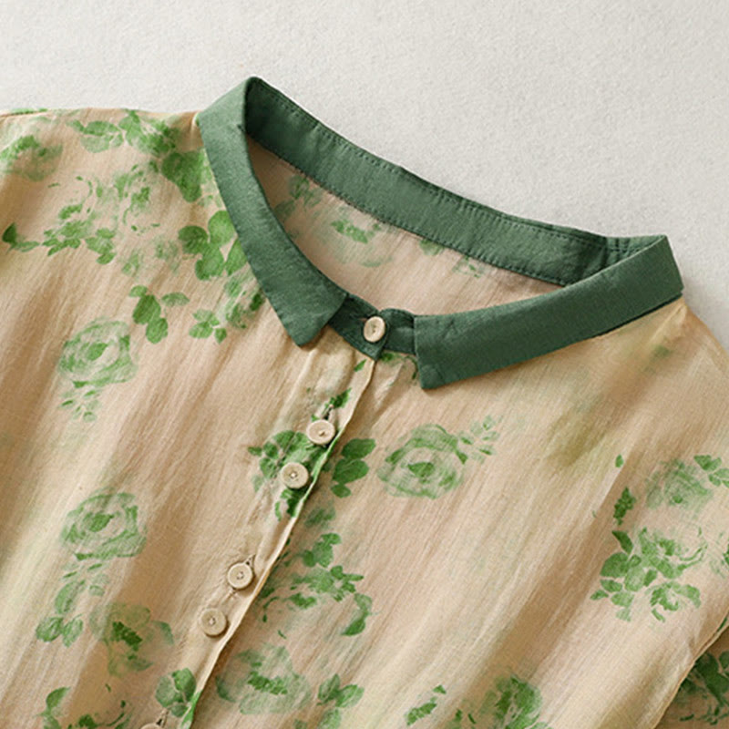 Buddha Stonesプリントボタンドローストリングハイウエスト半袖コットンミディドレス（ポケット付き） - image 9