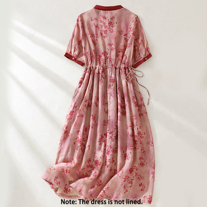 Buddha Stonesプリントボタンドローストリングハイウエスト半袖コットンミディドレス（ポケット付き） - image 1