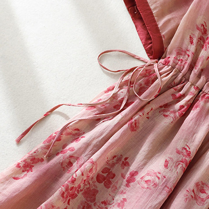 Buddha Stonesプリントボタンドローストリングハイウエスト半袖コットンミディドレス（ポケット付き） - image 4