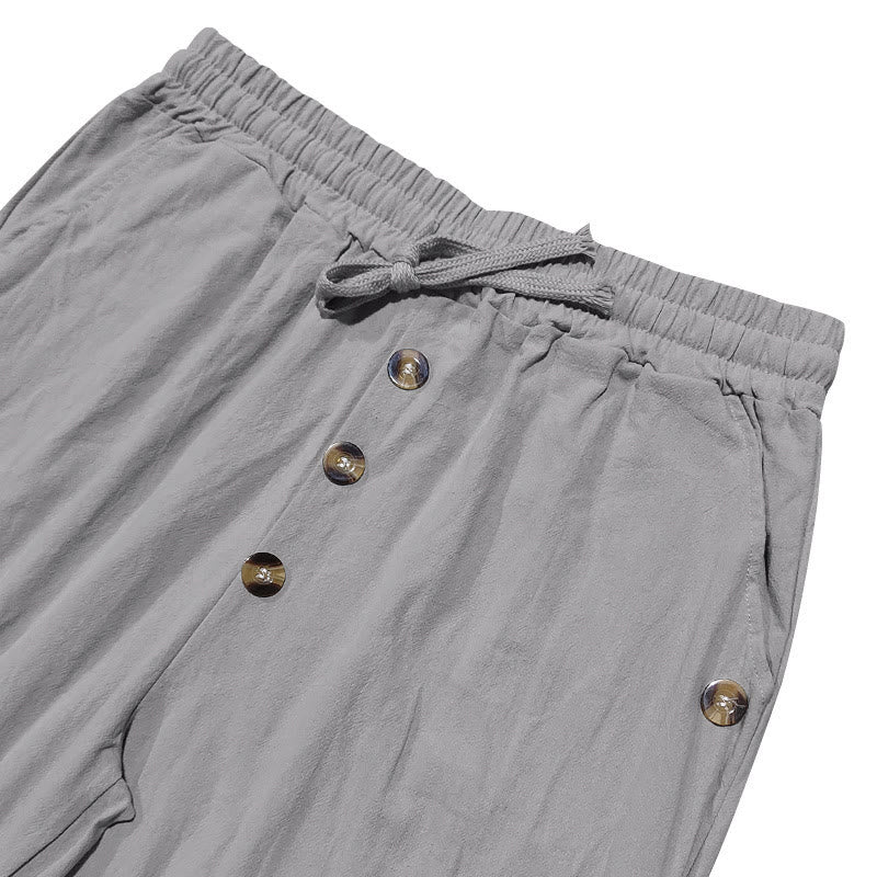 Buddha Stones無地ボタン ドローストリング メンズ コットンパンツ ポケット付き - image 15
