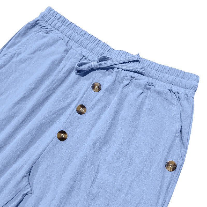 Buddha Stones無地ボタン ドローストリング メンズ コットンパンツ ポケット付き - image 27