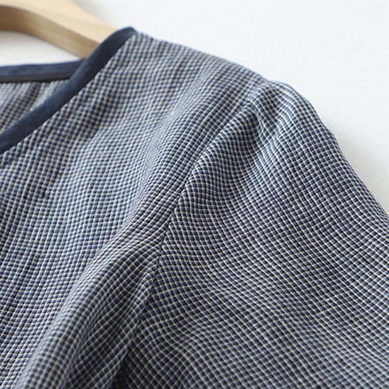 Buddha Stones Commute ミッドナイトブルー レースアップ ハーフスリーブデザイン コットンリネン ミディドレス ポケット付き - image 5