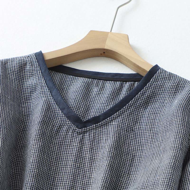 Buddha Stones Commute ミッドナイトブルー レースアップ ハーフスリーブデザイン コットンリネン ミディドレス ポケット付き - image 3