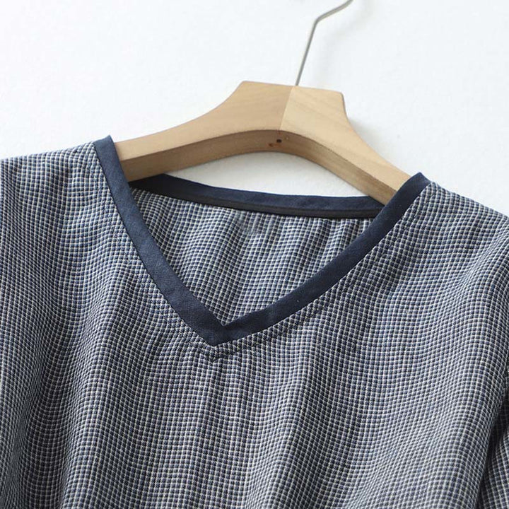 Buddha Stones Commute ミッドナイトブルー レースアップ ハーフスリーブデザイン コットンリネン ミディドレス ポケット付き - image 3