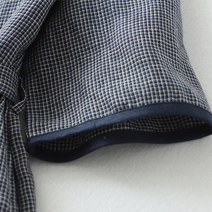 Buddha Stones Commute ミッドナイトブルー レースアップ ハーフスリーブデザイン コットンリネン ミディドレス ポケット付き - image 6