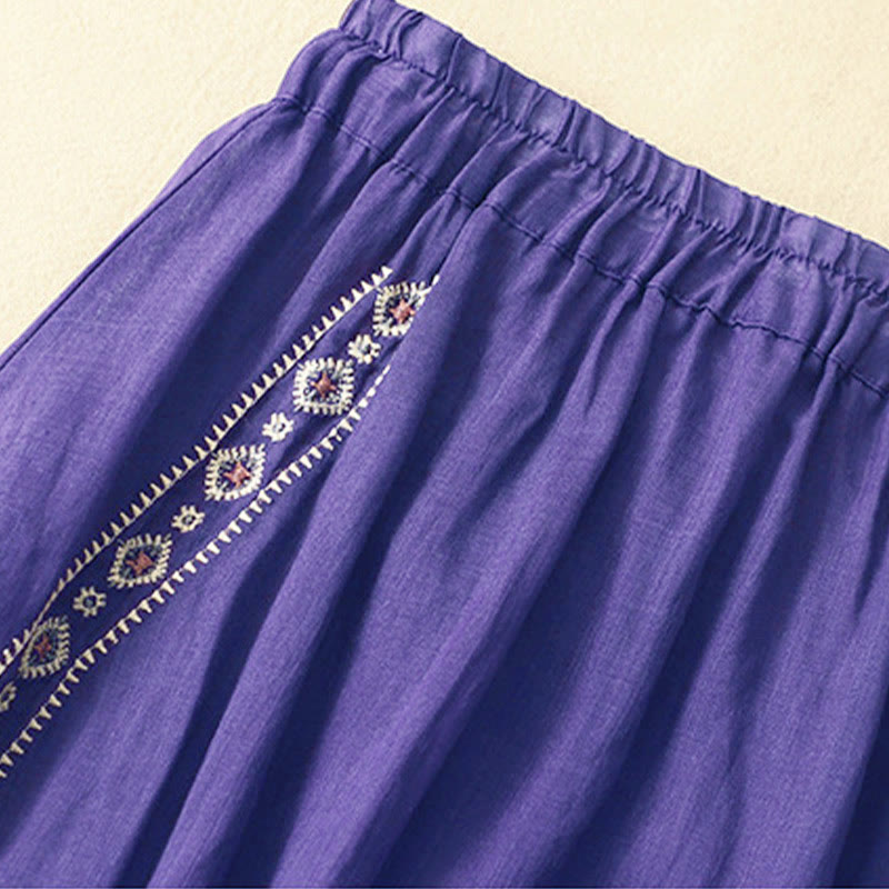 Buddha Stonesエスニックヴィンテージ刺繍ボタンデザインレディースコットンリネン7-8丈スカート - image 1