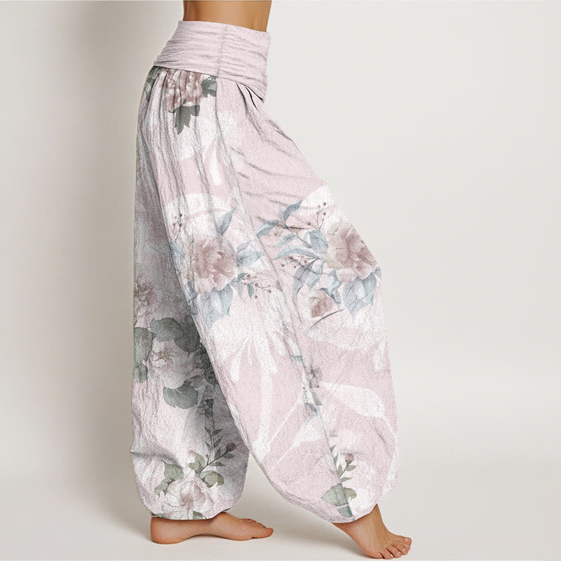 Buddha Stonesピュアコットン 花柄 ホワイトリーフ レディース 伸縮性ウエスト ハーレムパンツ - image 2